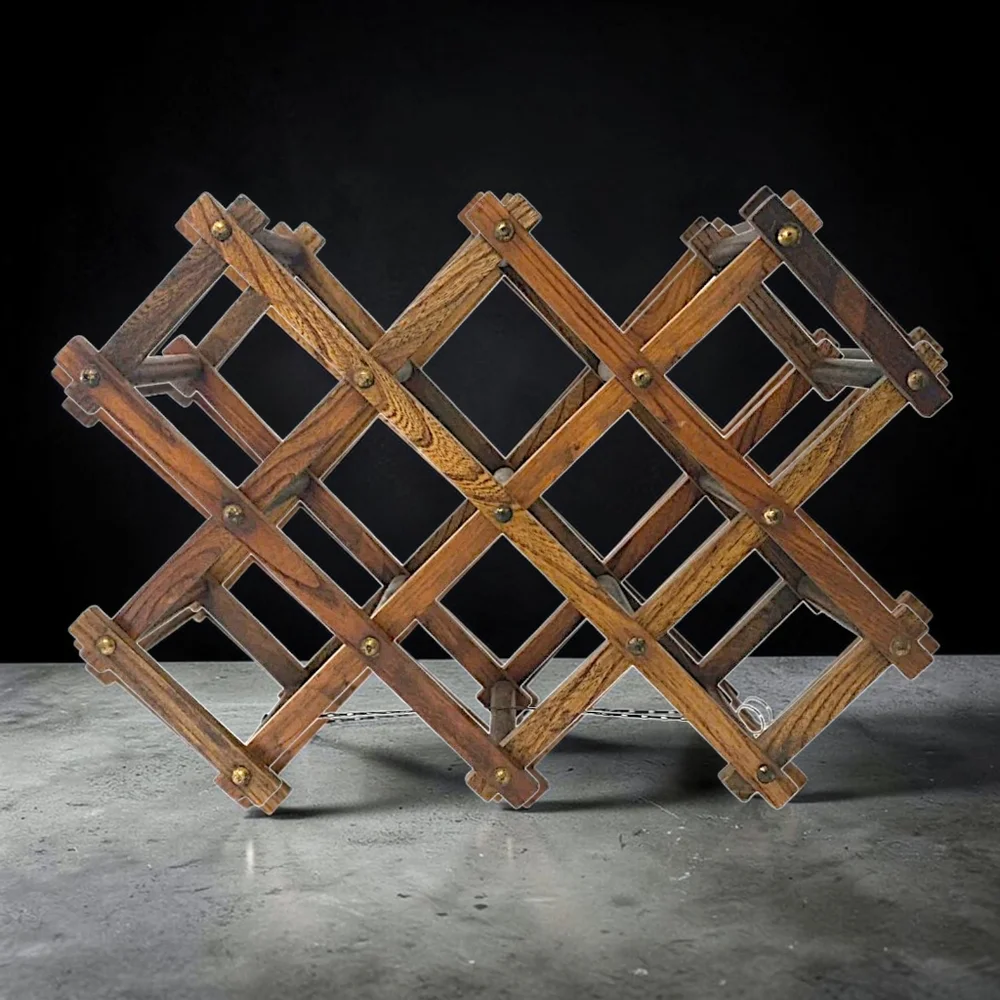 Wood Accordion Wine Bottle Rack Sturdy MCM Expandable Holds‎ 10 Bottles Heavy